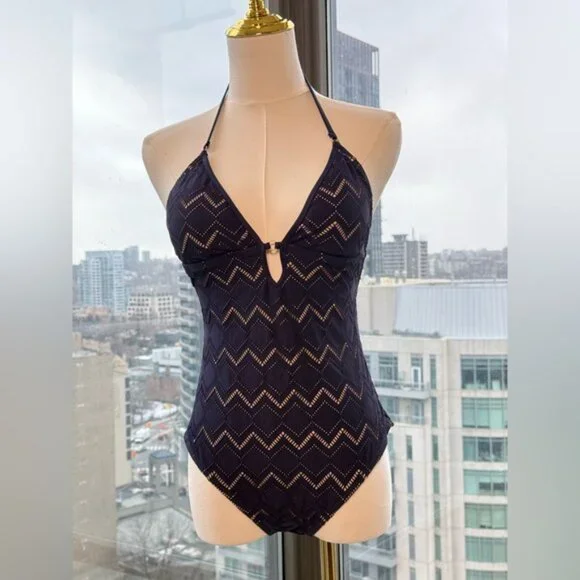 🆕 ZIMMERMANN 🧿NWOT Pointelle-Knit Halterneck Swimsuit, Plum-Navy, Sz 3 US 8/10 - Picture 8 of 14